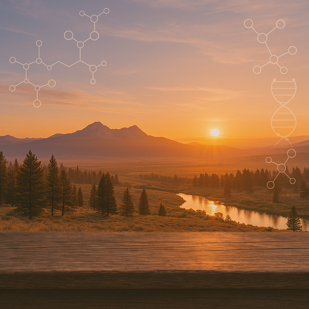 Idaho Sunset over a mountain range with molecular structures
